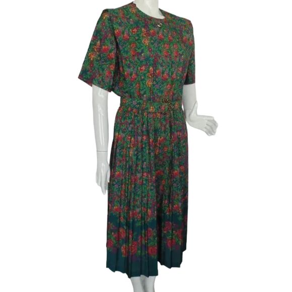 LESLIE FAY Dress, 10, Green Floral, Belt, Short Sleeves, Career, Poly, VINTAGE - Picture 5 of 16